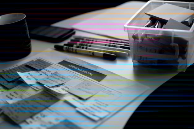 Imagem de uma mesa com ferramentas para elaborar um plano de aula de acordo com a BNCC: um calendário e vários post-its colados nele e canetas coloridas.
