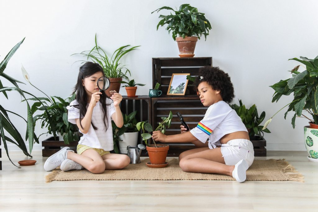 Duas meninas observando plantas com lupa na metodologia STEM